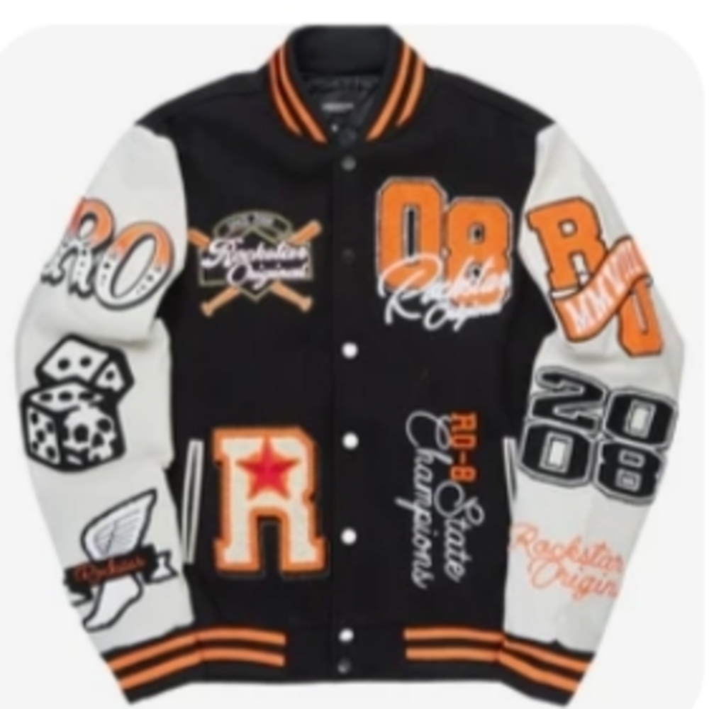 Rockstar Original Black and White Varsity Jacket with Orange Accents
